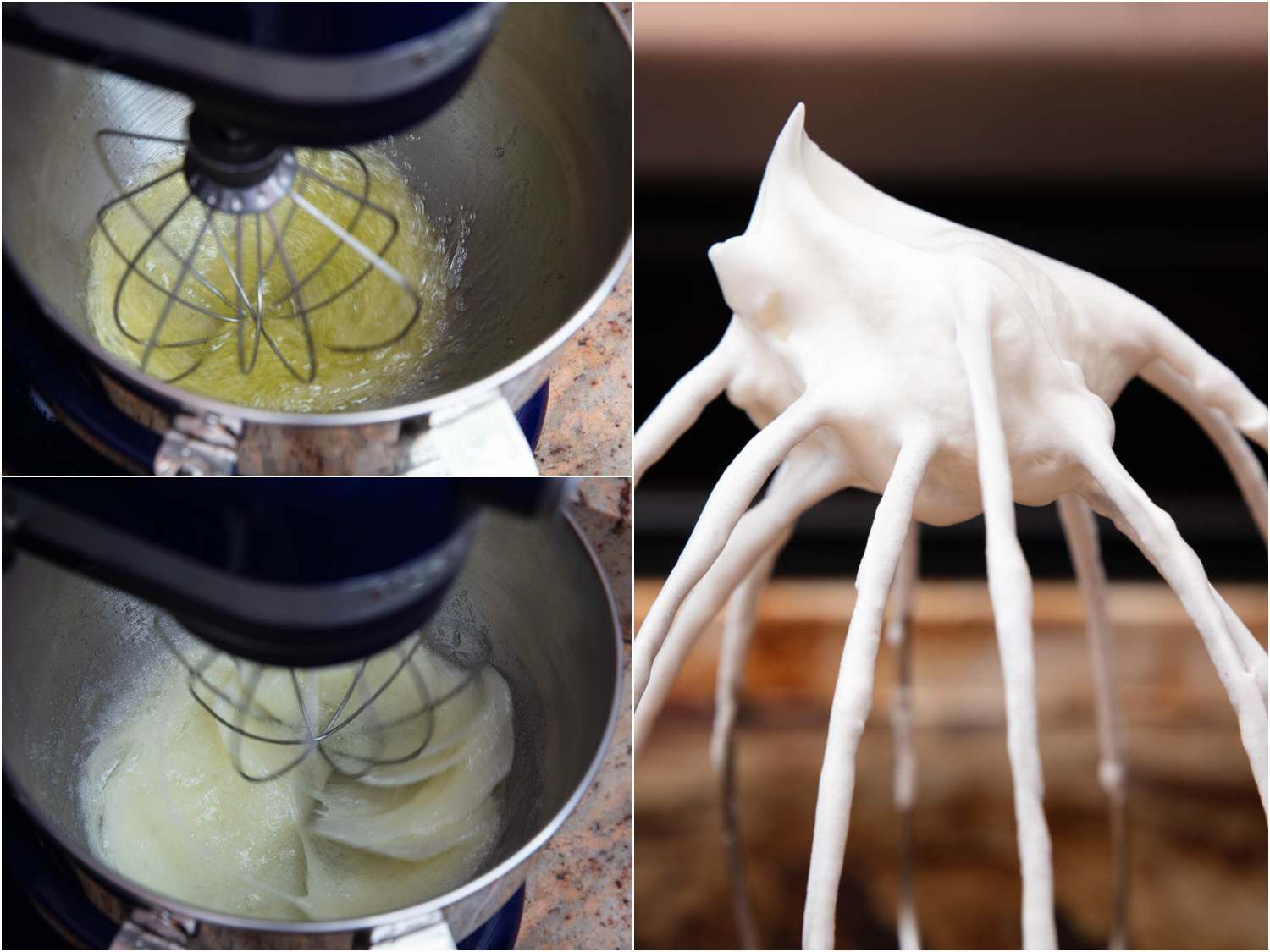A three image collage. The top left shows egg whites in a stand mixer. The bottom left shows the egg whites being whisked in the stand mixer. The right image shows the consistency of the egg whites after they have been whisked.