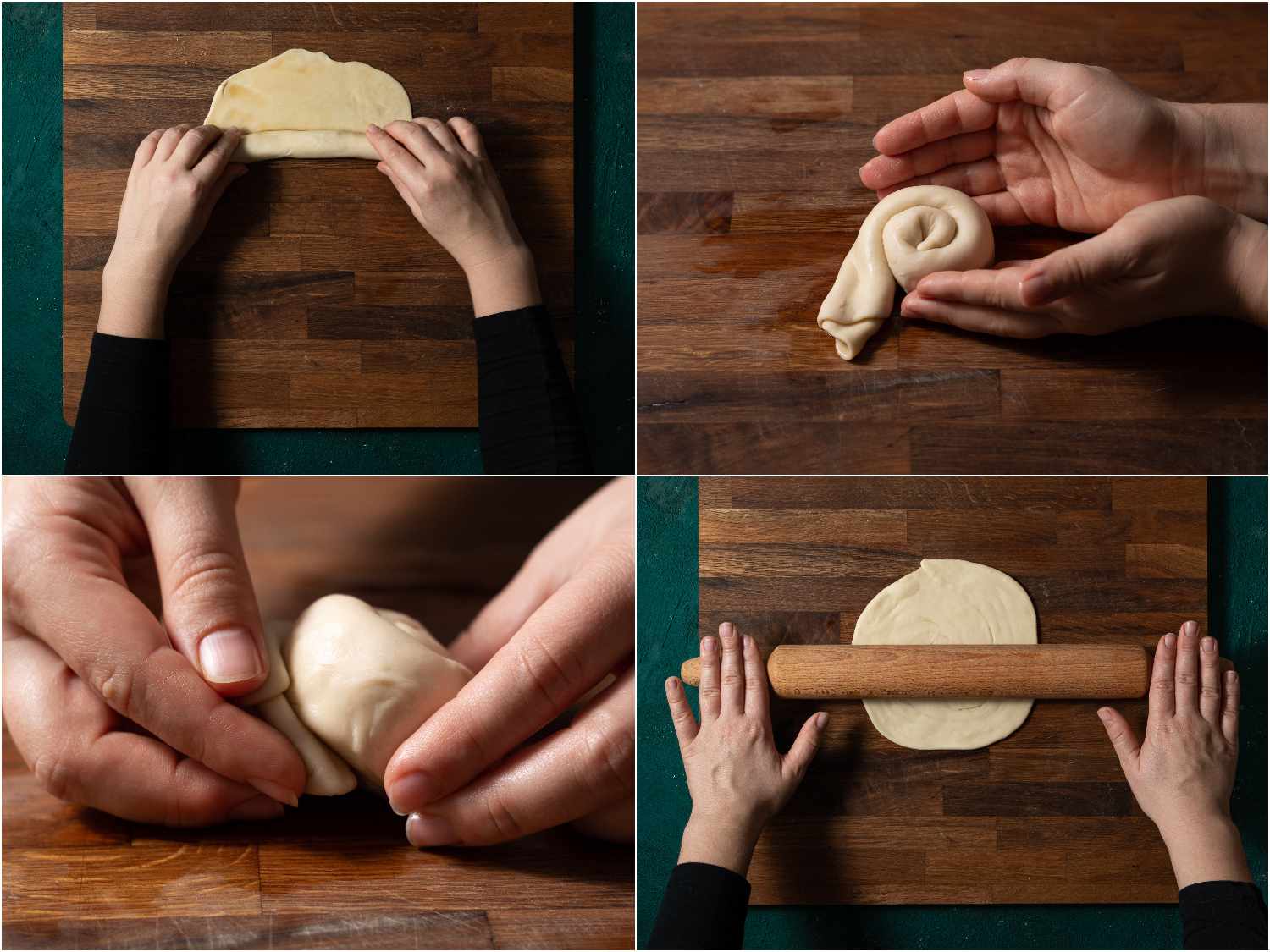 A collage showing the scallion pancake dough being rolled into a tight tube, being curled into a spiral, having the ends tucked in, and then being rerolled.