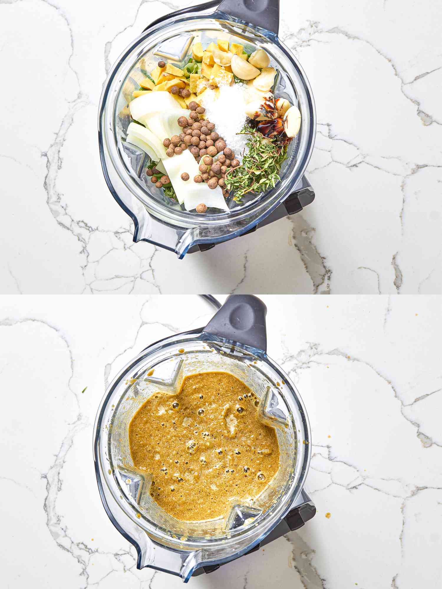 Two image collage of ingredients in a blender before and after