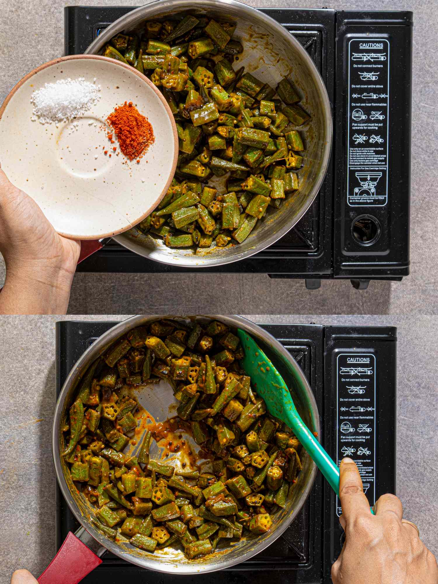 Cooking okra with spices on a stovetop in a twostep process adding red chili powder salt and cooking it with a green spatula