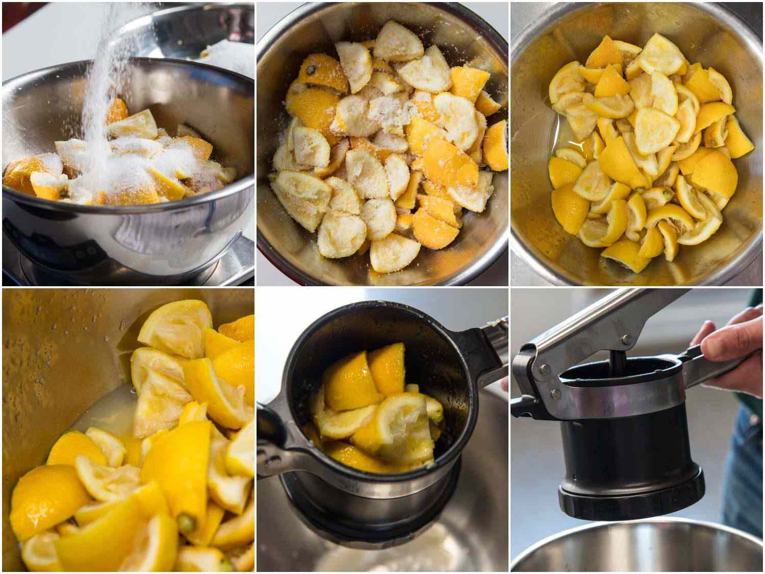 A six-image collage of process of macerating lemon rinds with salt to extract liquid for shio tare.