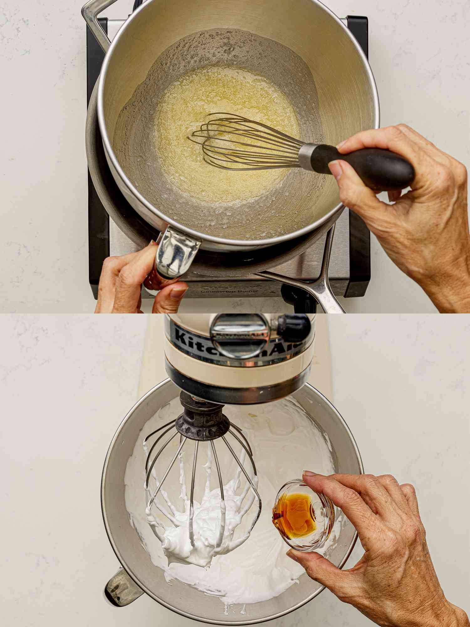 Two image collage of whisking egg whites in a double boiler and adding vanilla to the mixture, which has been whisked to reach soft peak in the bowl of a stand mixer,.
