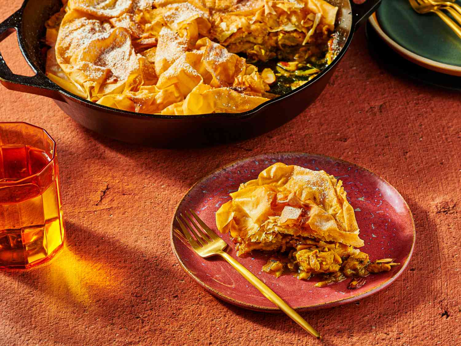 Overhead view of one pan chicken Bastilla 