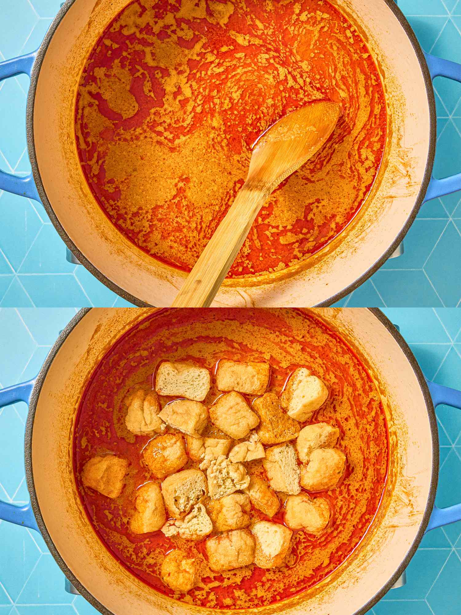 Two steps of preparing a curry laksa dish in a pot the first shows the broth and the second includes added tofu pieces
