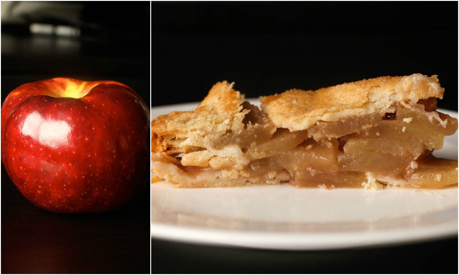 Collage of a Rome apple next to a slice of pie made with Rome apples