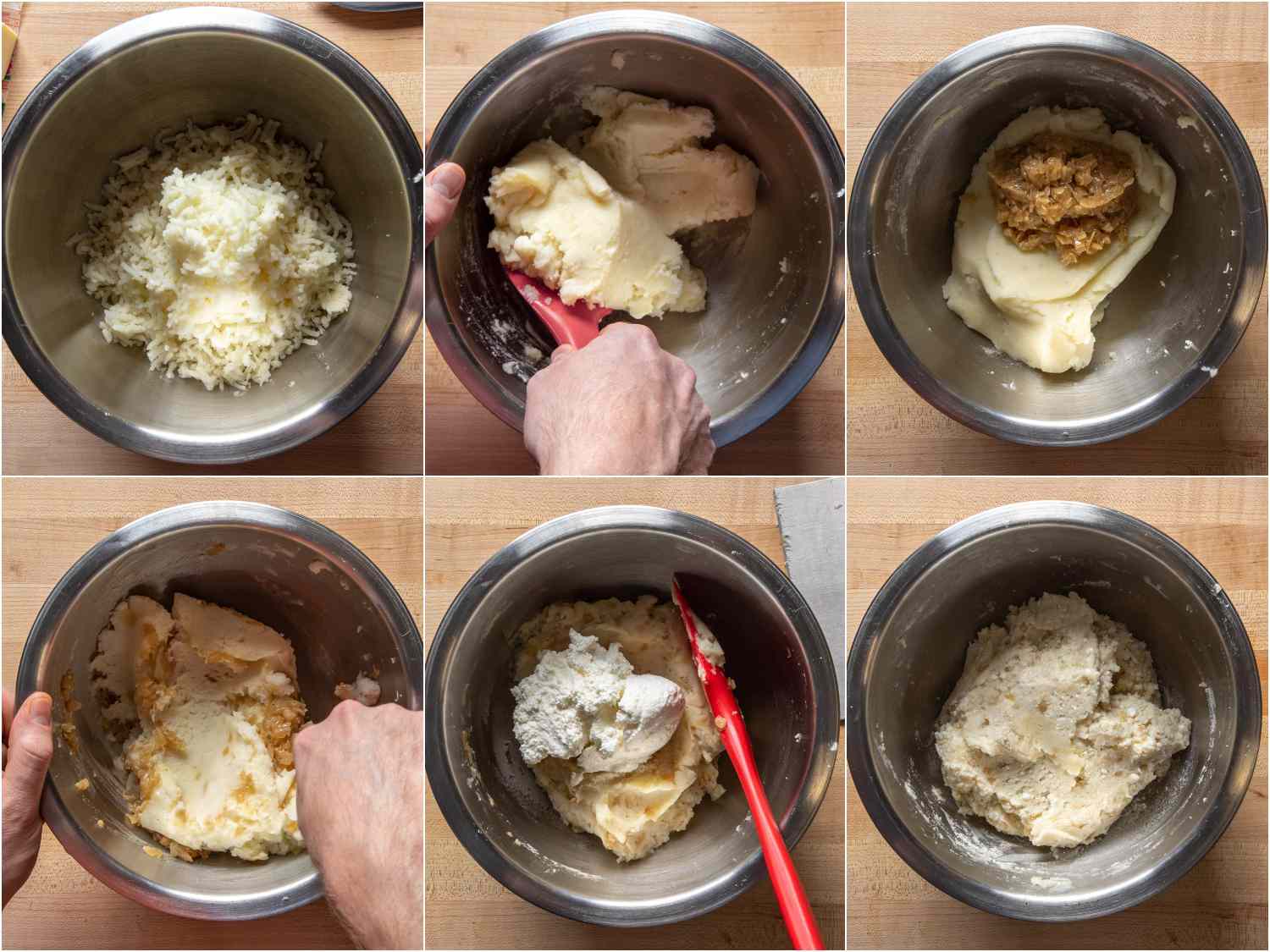 Mixing riced potato, onion, and farmer cheese in a bowl for the pierogi filling.