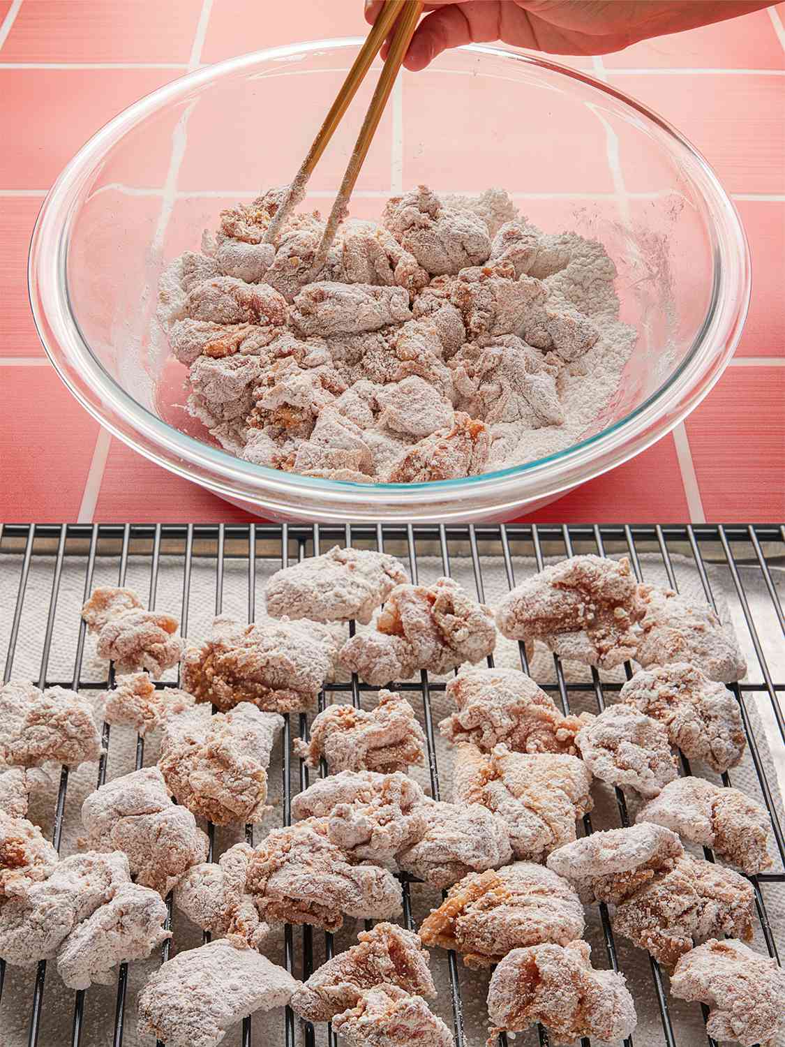 Two Image Collage. Top Image: Mixing chicken in flour with chopsticks. Bottom: coated chicken on a wire rack