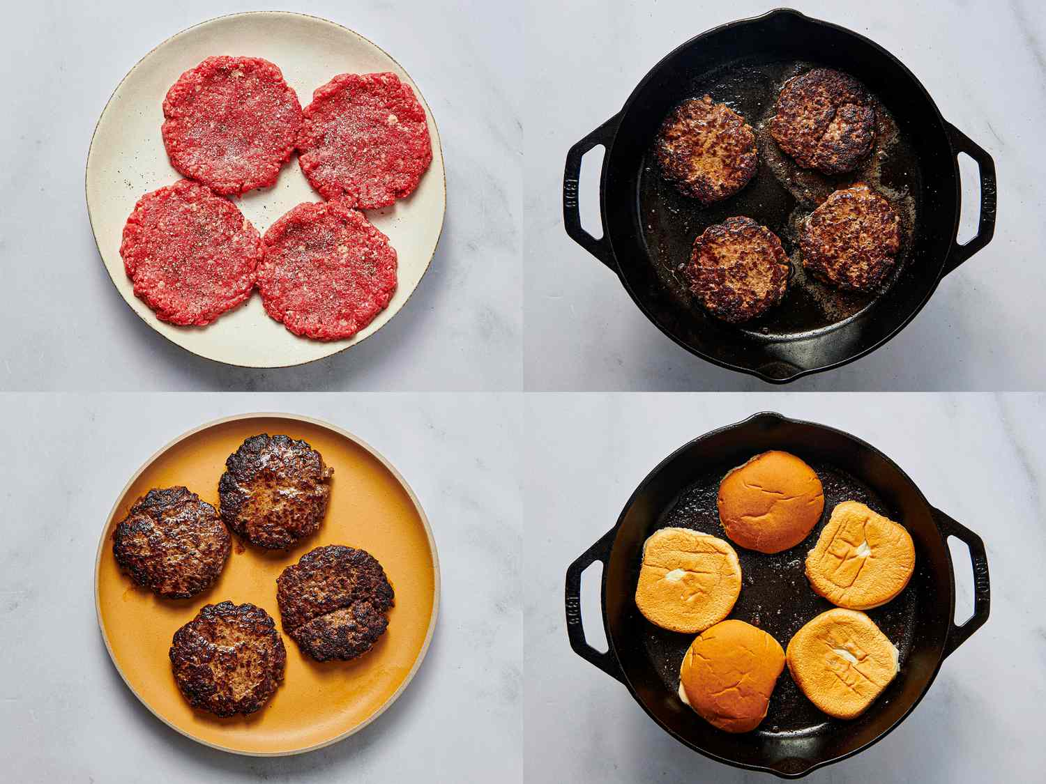 Four image collage of cooking burgers