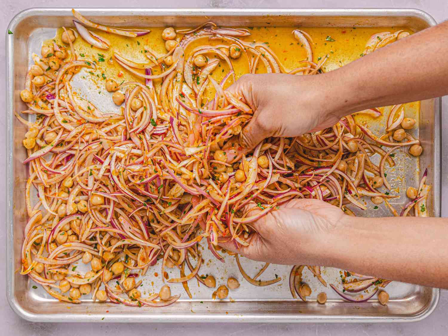 Overhead view of mixing things on sheet