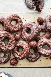 Overhead view of chocolate cake doughnuts