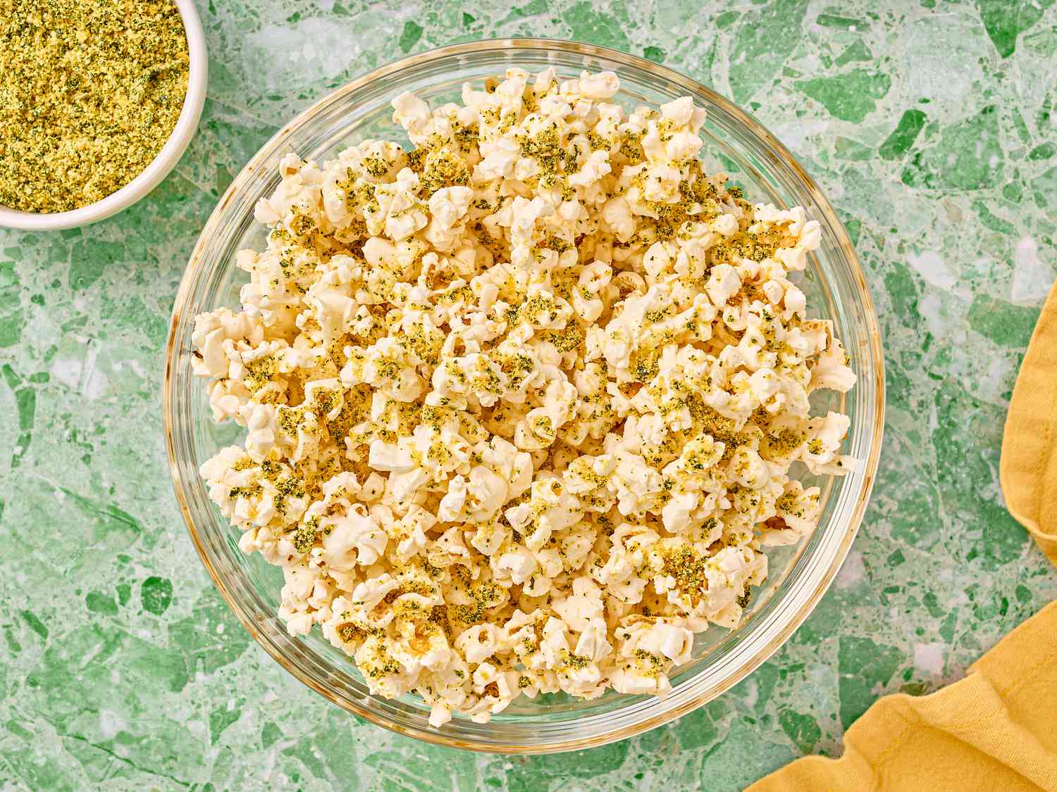 Overhead view of popcorn with caesar dust