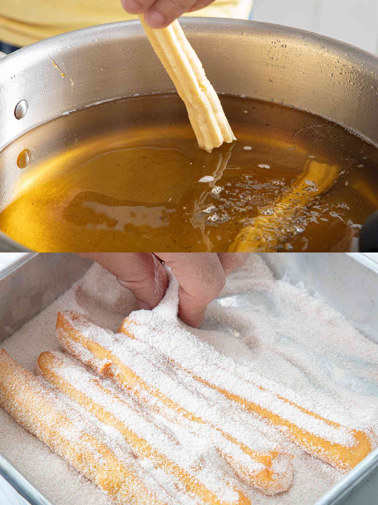 Two image collage of frying churros and coating in sugar