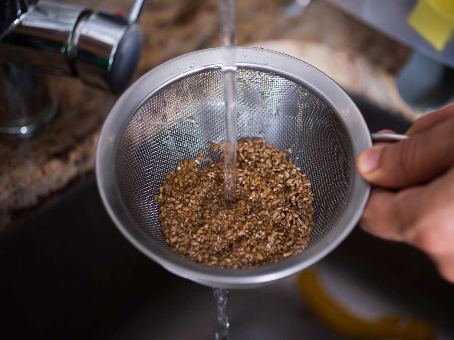 Rinsing bulgur in a strainer for tabbouleh.