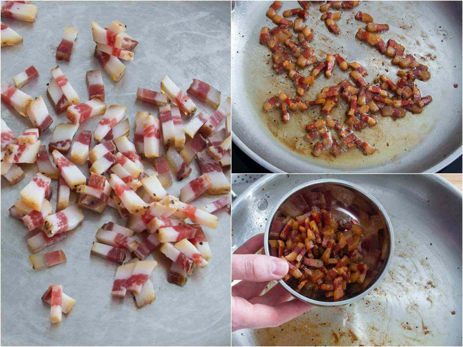 A three image collage. The left image shows chopped guanciale in a pan. The top right shows the guanciale cooking in a pan. The bottom right shows the guanciale transferred into a small bowl. 