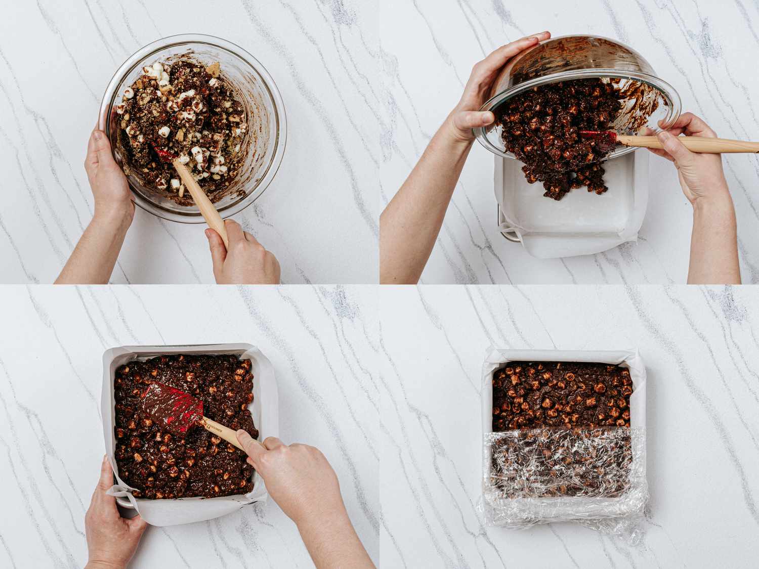 4 image collage. Top Left: Adding digestive biscuits, marshmallows and cherries into chocolate mixture in a bowl. Top Right: Pouring mixture from bowl into pan Bottom Left: Spreading rocky road mixture evenly into pan with spatula. Bottom Right: Rocky road half covered with plastic wrap in pan. 