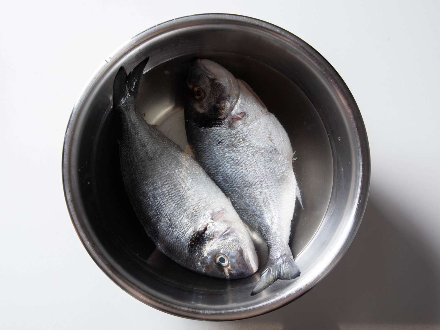Two whole fish sitting in a bowl of salt water