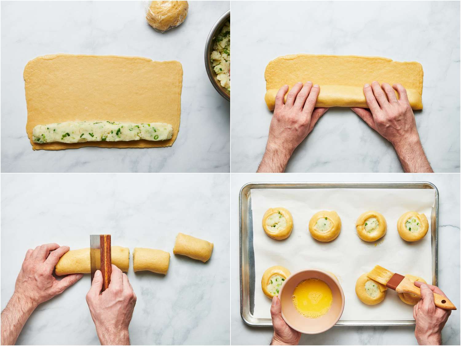 Making Potato Knishes collage, rolling dough around filling, slicing dough and brushing potato knishes with egg wash 