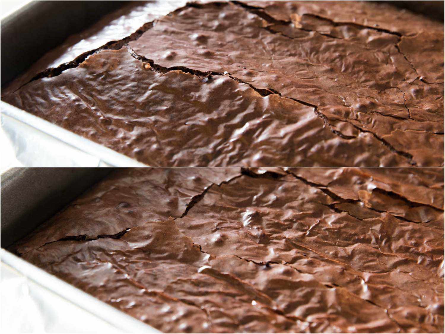 Photo collage showing the crinkly tops of a pan of baked brownies