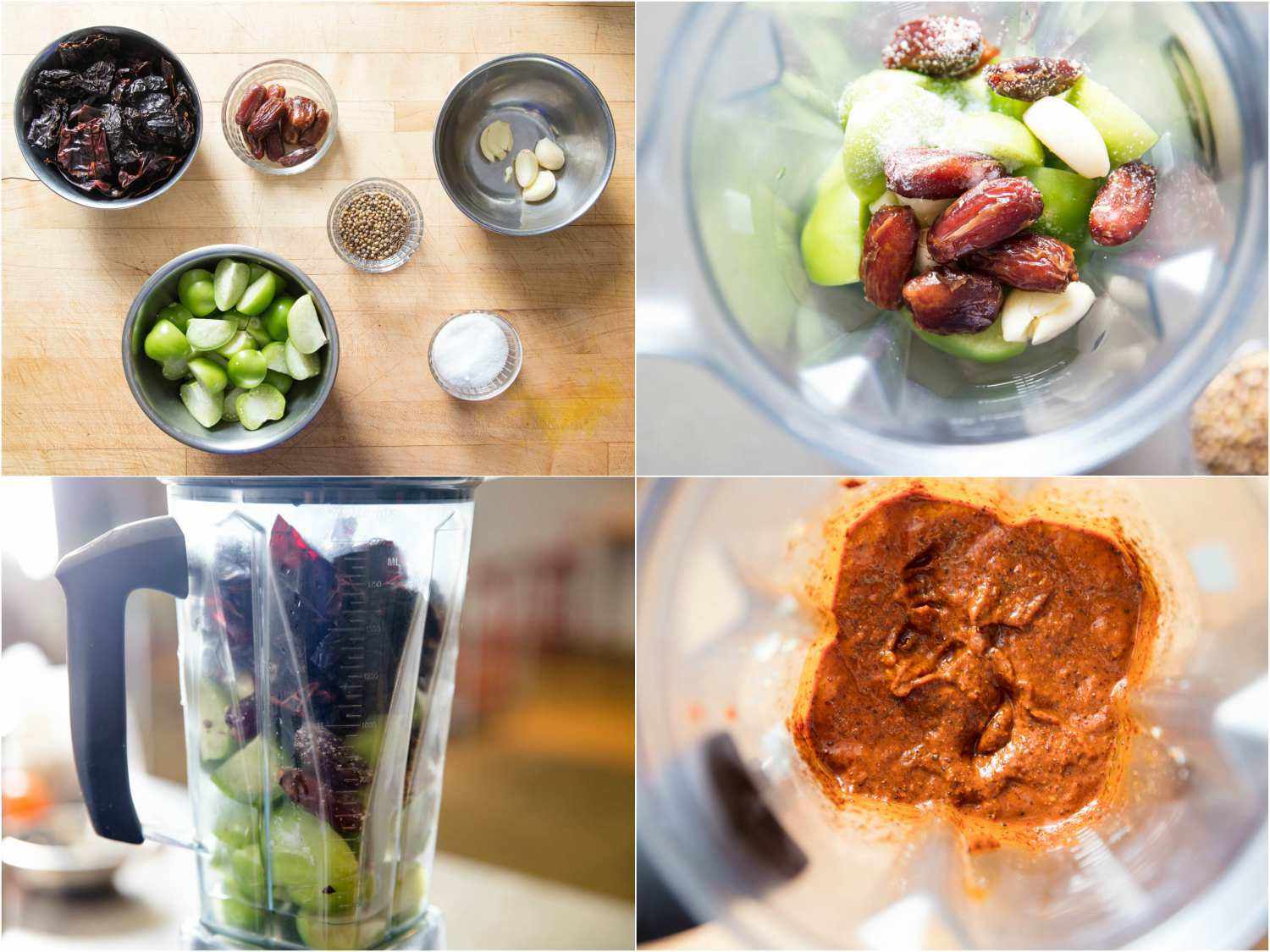 Collage of photos of making a chili paste for lamb shoulder: garlic, spices, chilies, dates, salt, and tomatillos assembled in bowls; dates and tomatillos in the jar of a blender; tomatillos, dates, and chilies in the jar of a blender; ingredients blended into a red paste