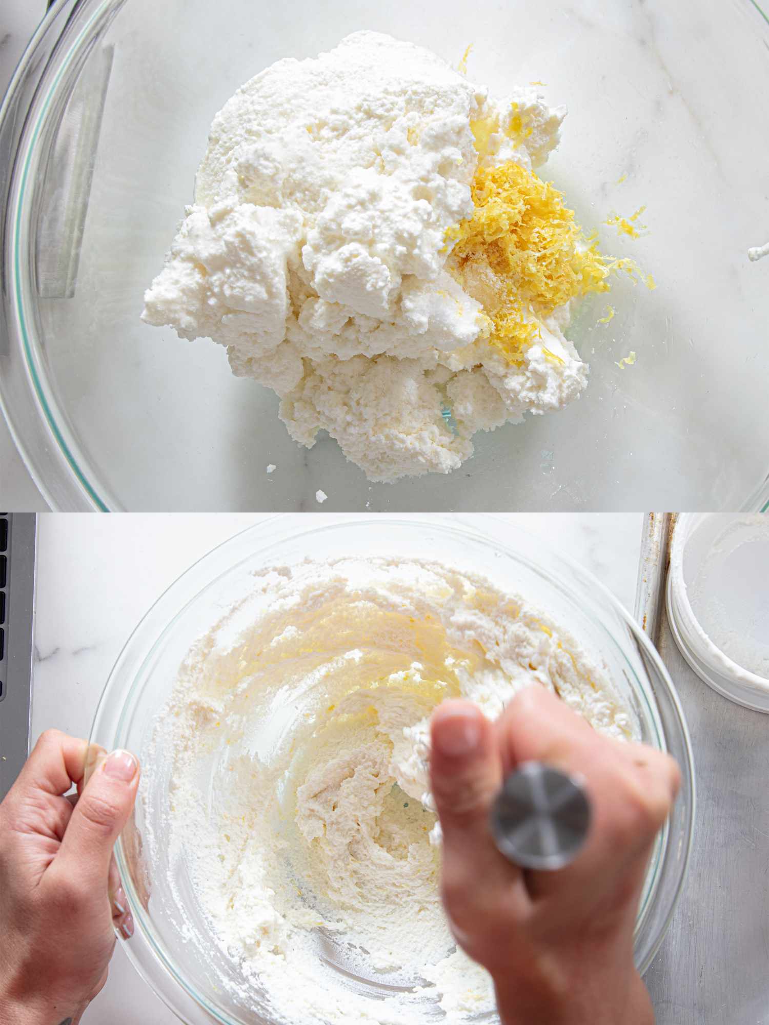Preparing a ricotta mixture with lemon zest in a bowl mixer tool visible in use