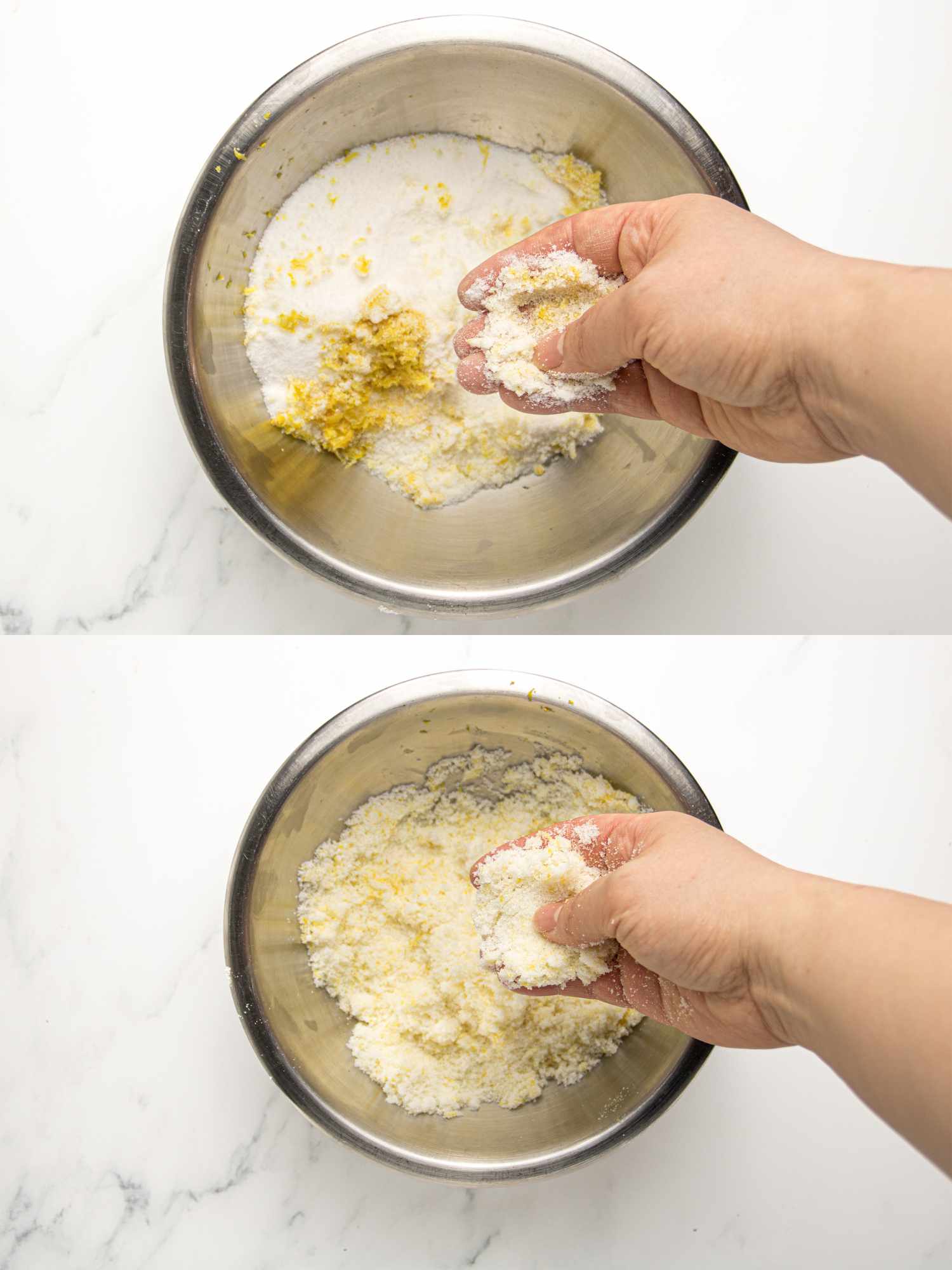 Hands mixing ingredients in a metal bowl, step-by-step preparation process shown.