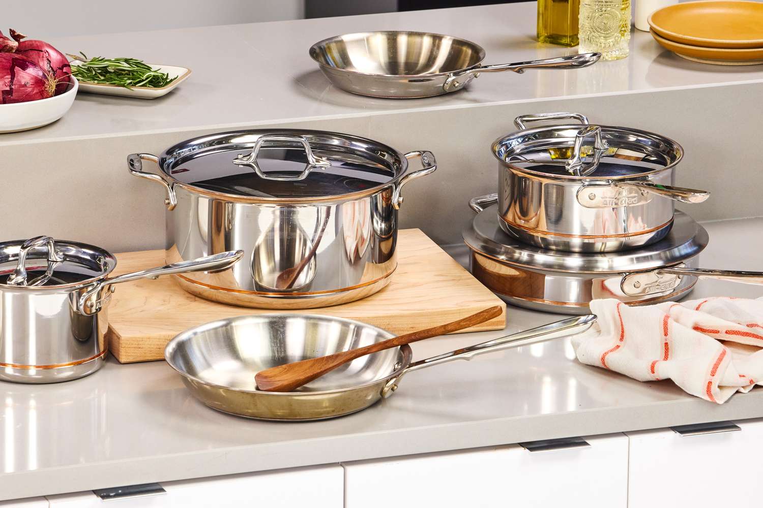 The All-Clad Copper Core 10-Piece Cookware Set on a kitchen countertop