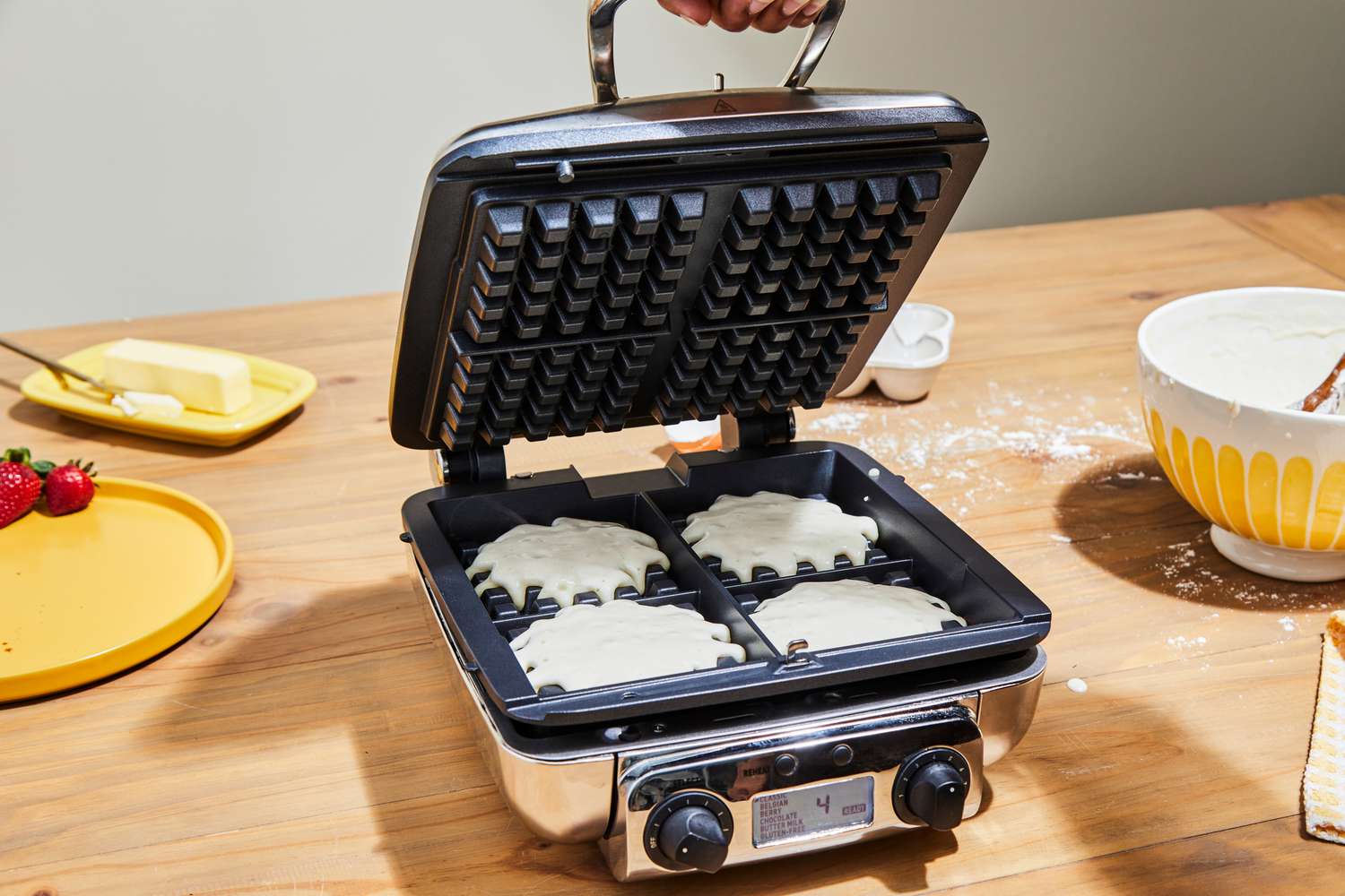 Waffles being made in All-Clad 4-Square Digital Gourmet Waffle Maker