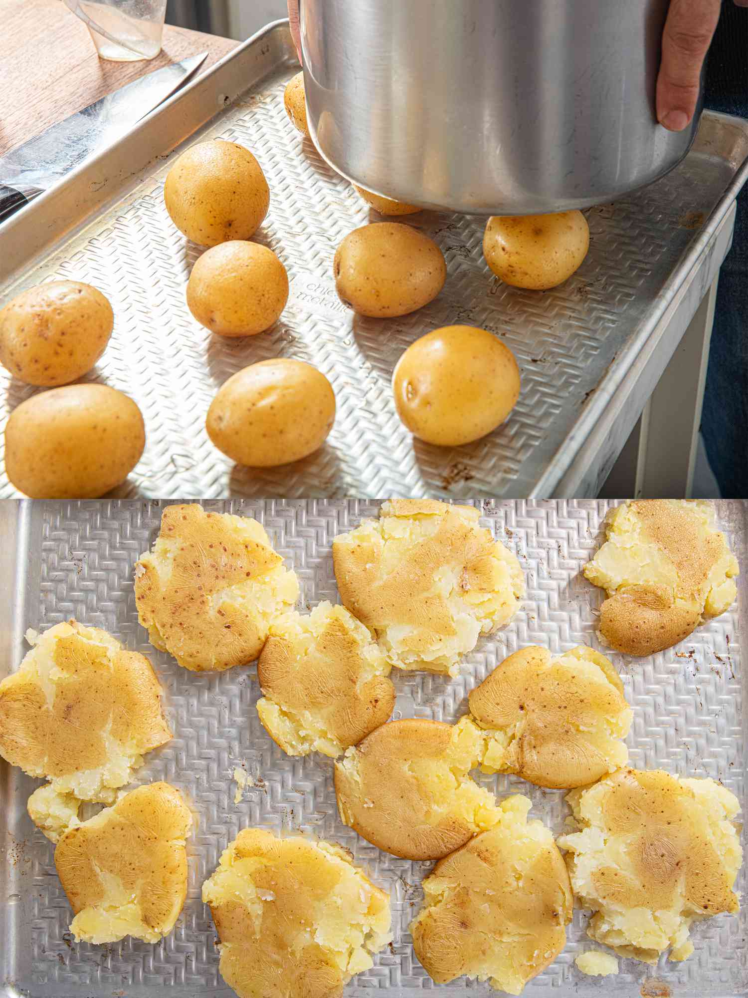 Preparation of smashed potatoes on a baking sheet with a pot for flattening