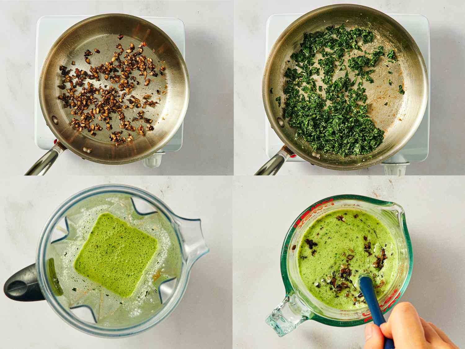 Four steps showing sauting mushrooms kale in a pan blending ingredients and mixing in a measuring cup for a recipe
