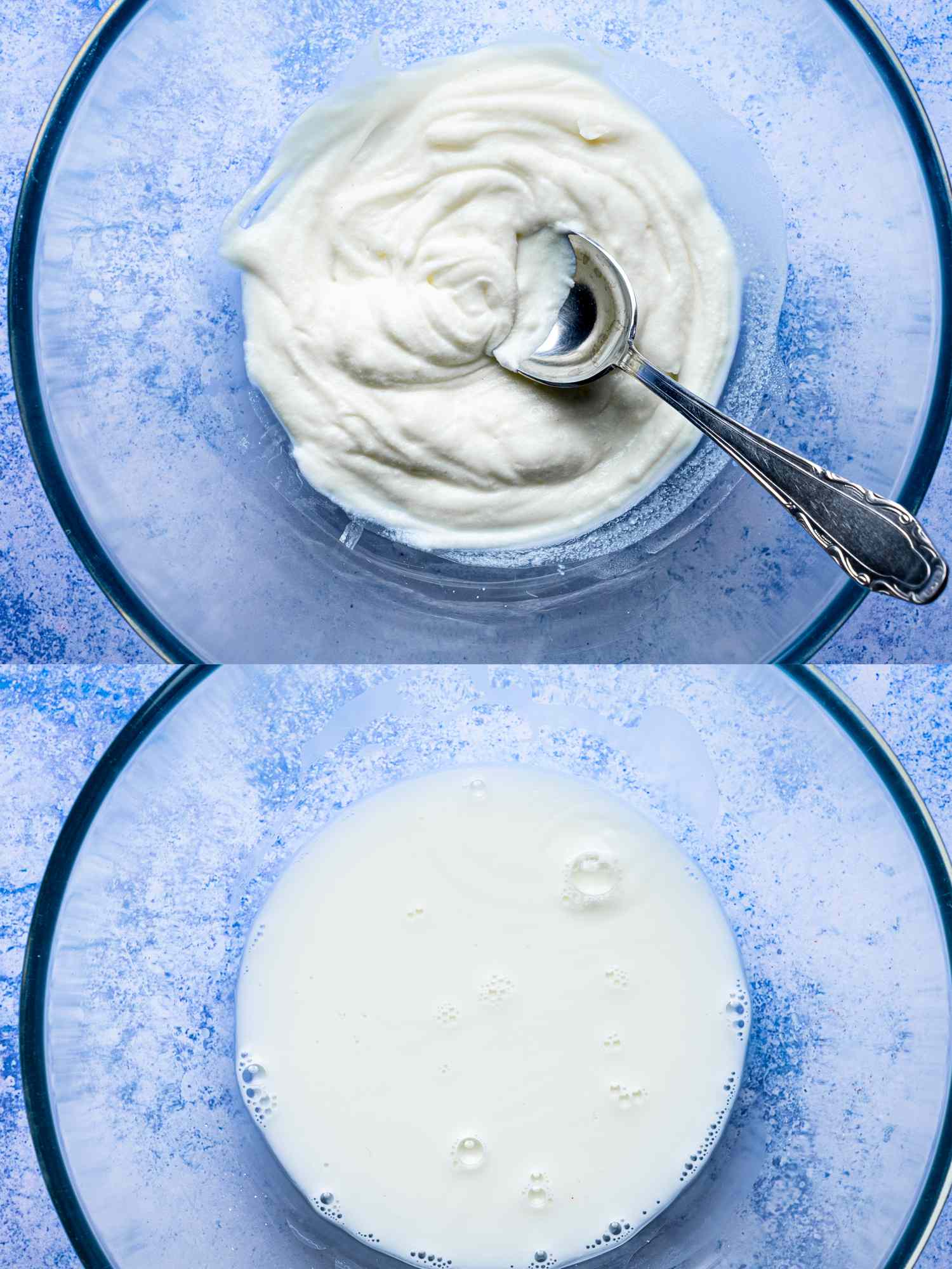 Two bowls one with yogurt and a spoon the other with liquid mixture bubbles