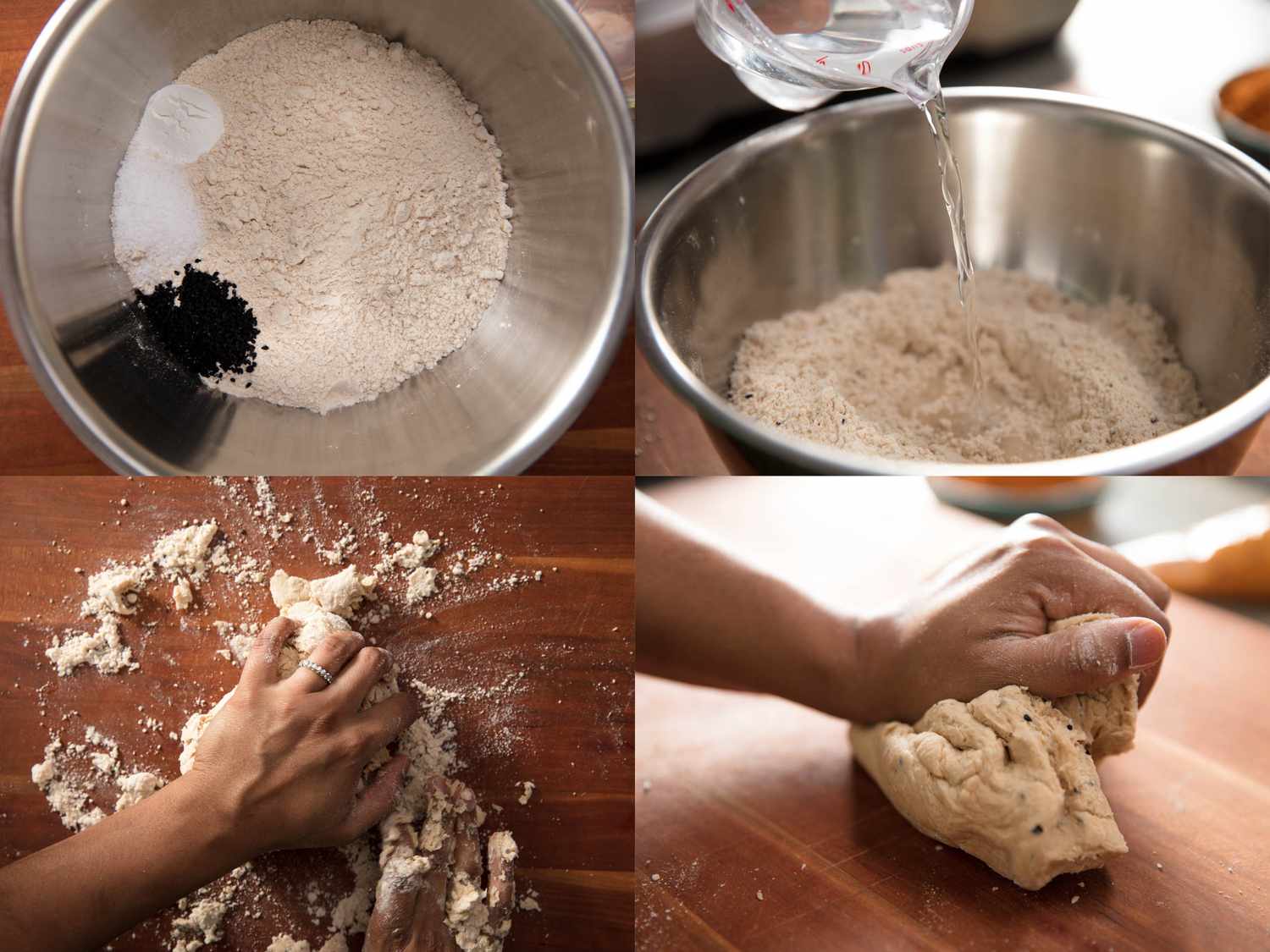 A four-image collage showing the papri dough being mixed.
