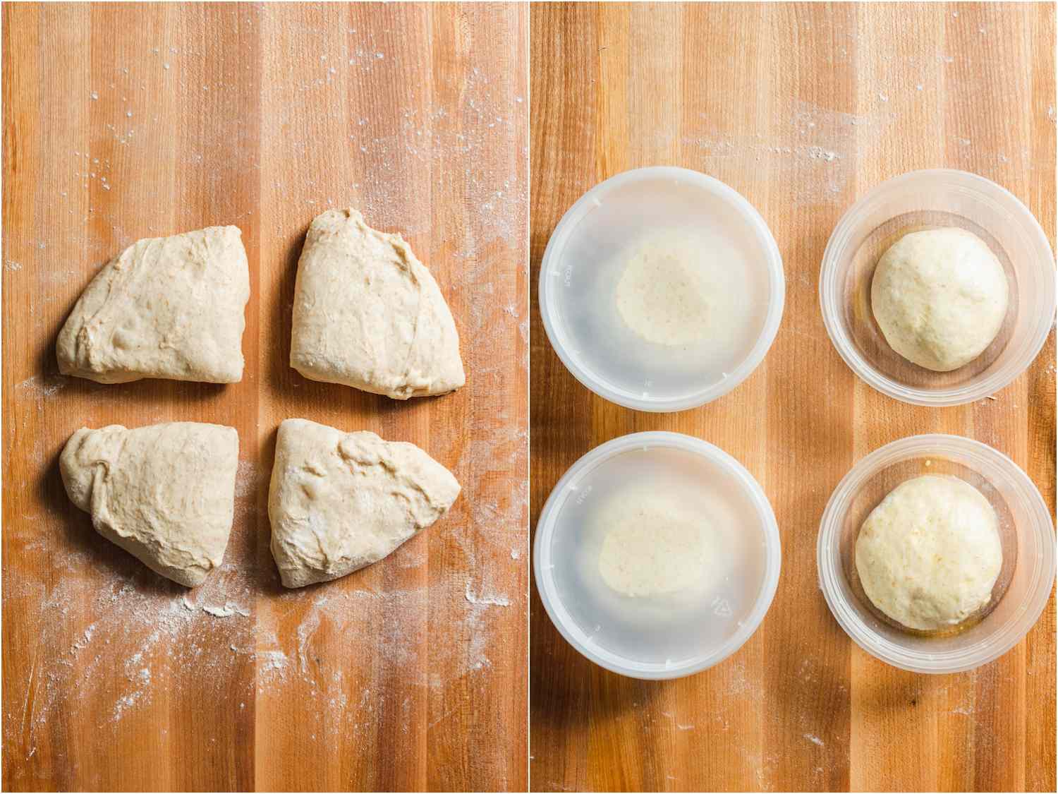 Dough divided into four portions, and transferred to plastic deli containers for cold proofing.