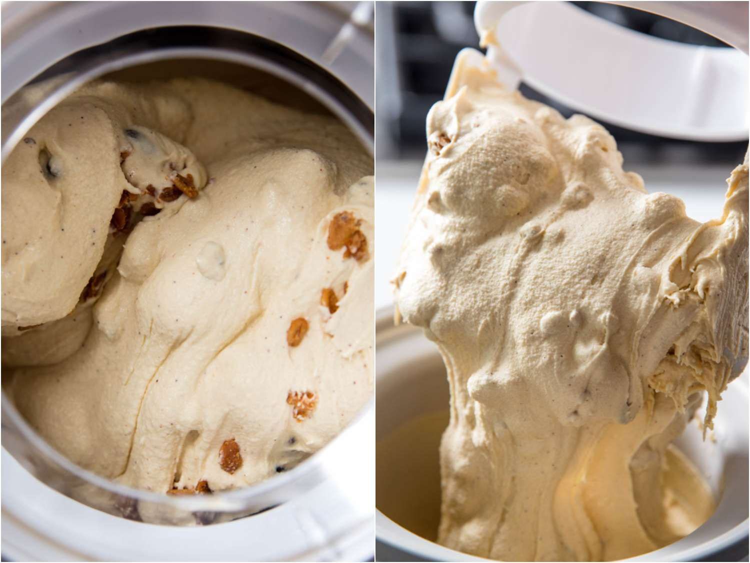 Side by side images showing oatmeal cookie ice cream churning and on the dasher.