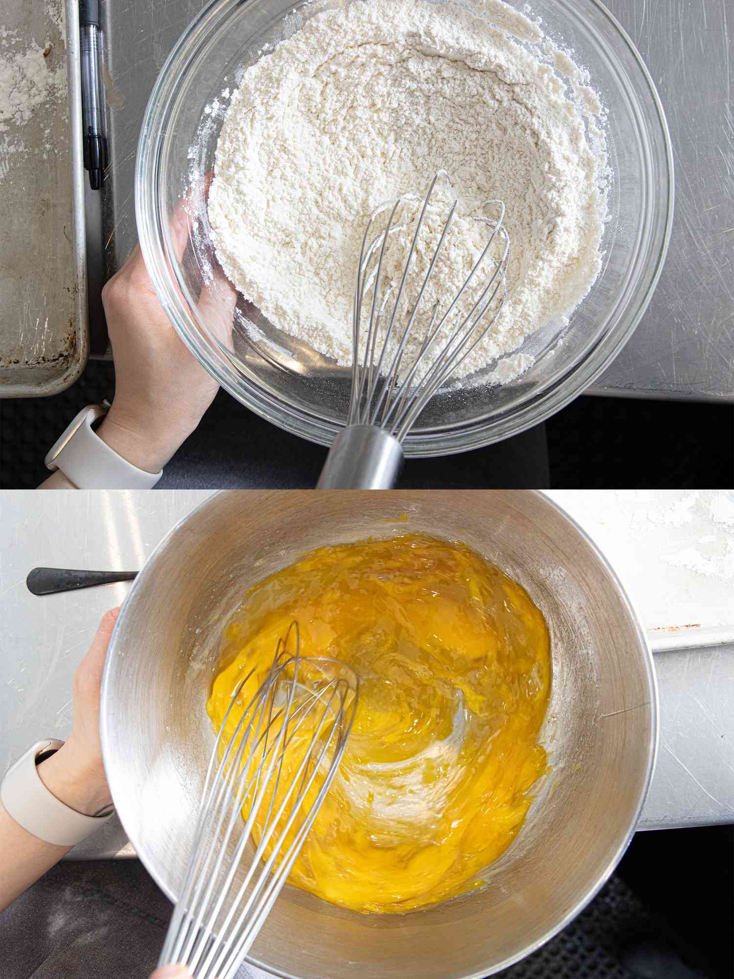Two image collage of mixing dry and wet ingredients