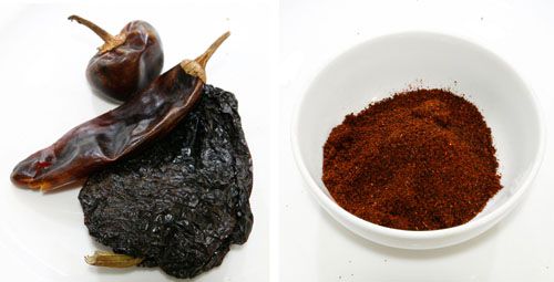 Photo collage showing dried chiles and ground chile powder.