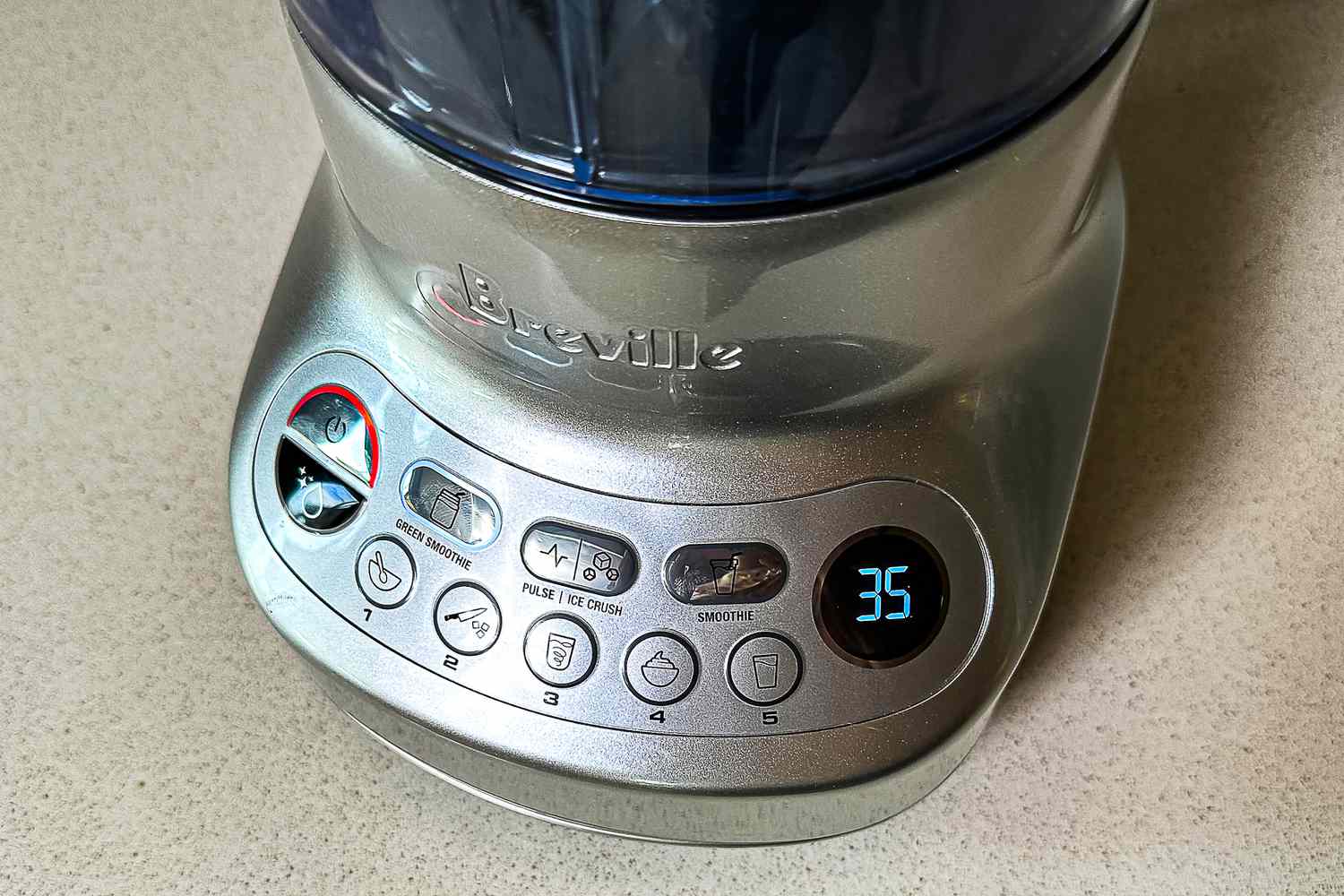 A closeup of the control panel on the Breville Fresh and Furious Blender