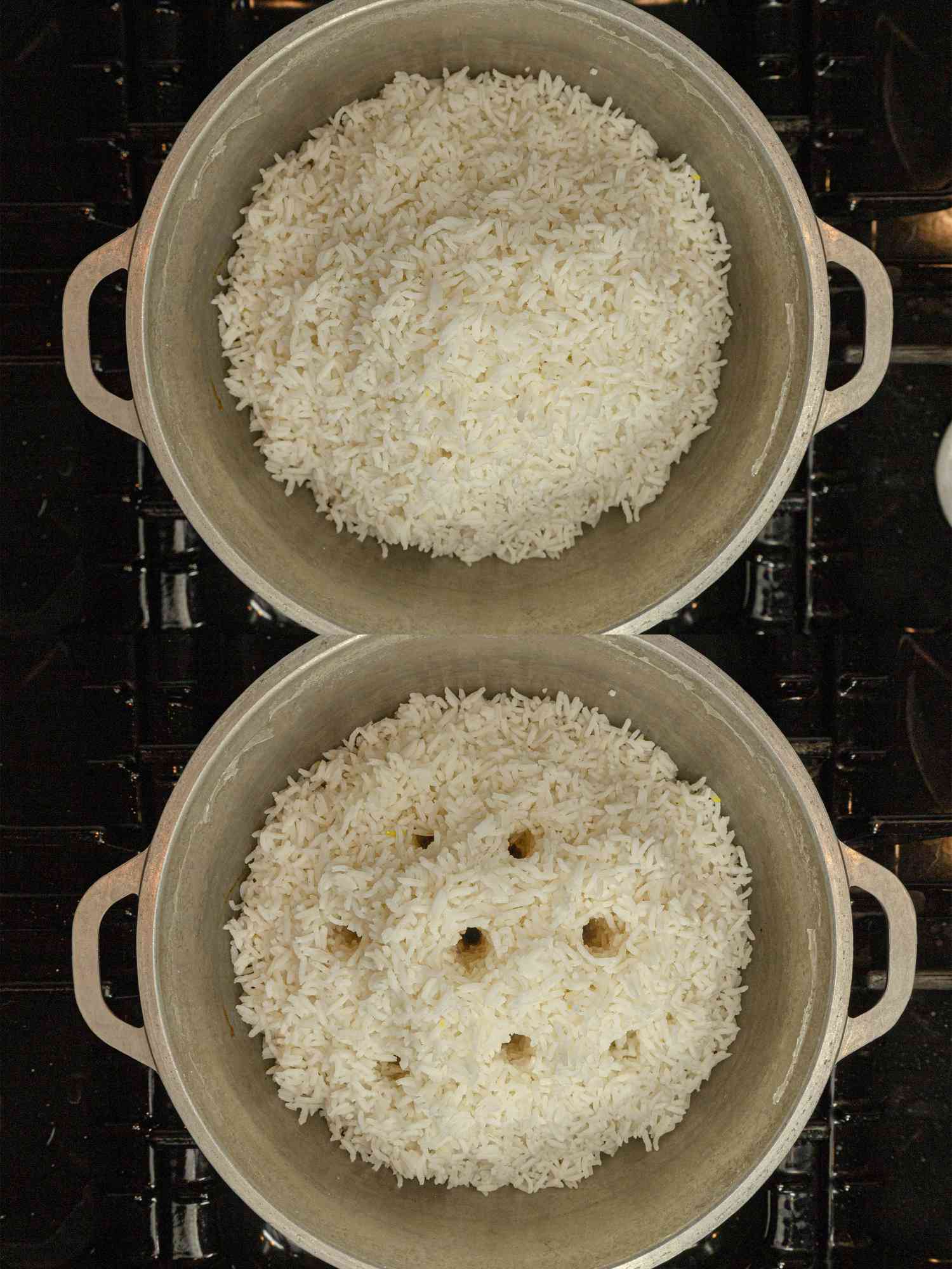 Two image collage of rice mounded in a pot and 7 holes poked into the mound of rice