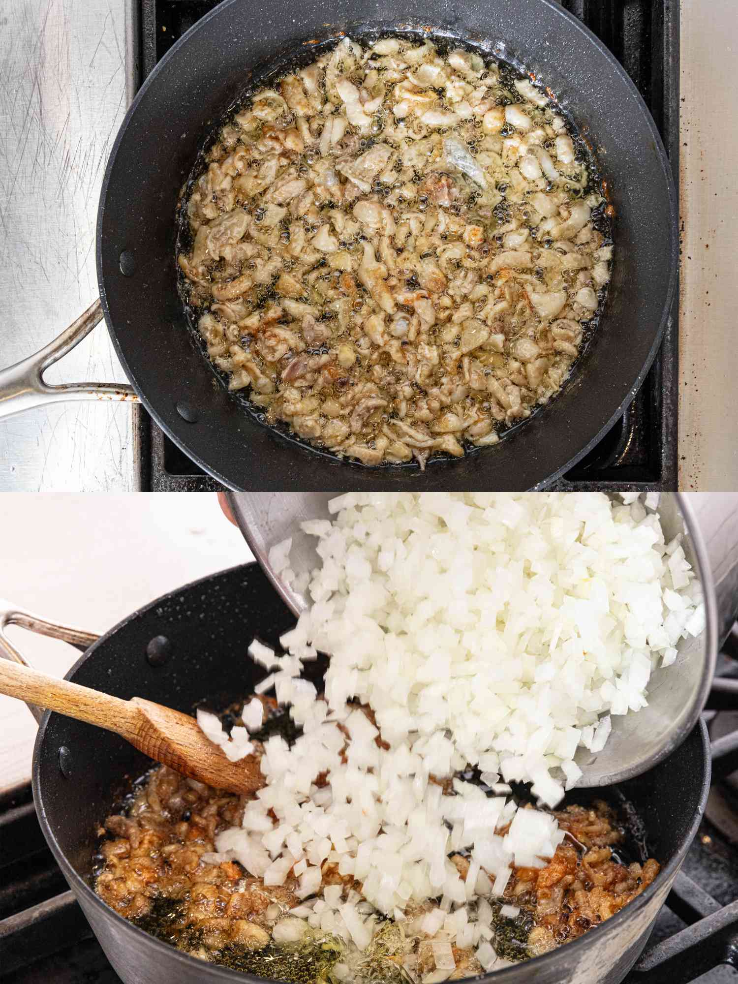 2 image collage. Top: cooking chicken fat in skillet. Bottom: diced onion being added to cooking chicken skins