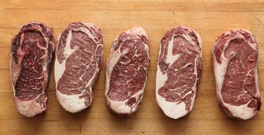Aged steaks, increasing in age from right to left.