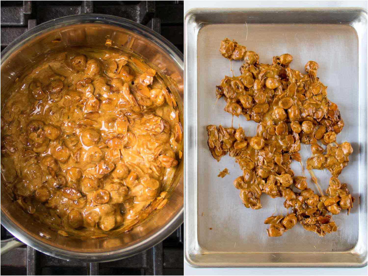 A two-image collage. The left image shows an almond and sugar mixture cooking in a pan with baking soda added. The right image shows the almond mixture sticky and cooked down and placed on a baking sheet to rest.