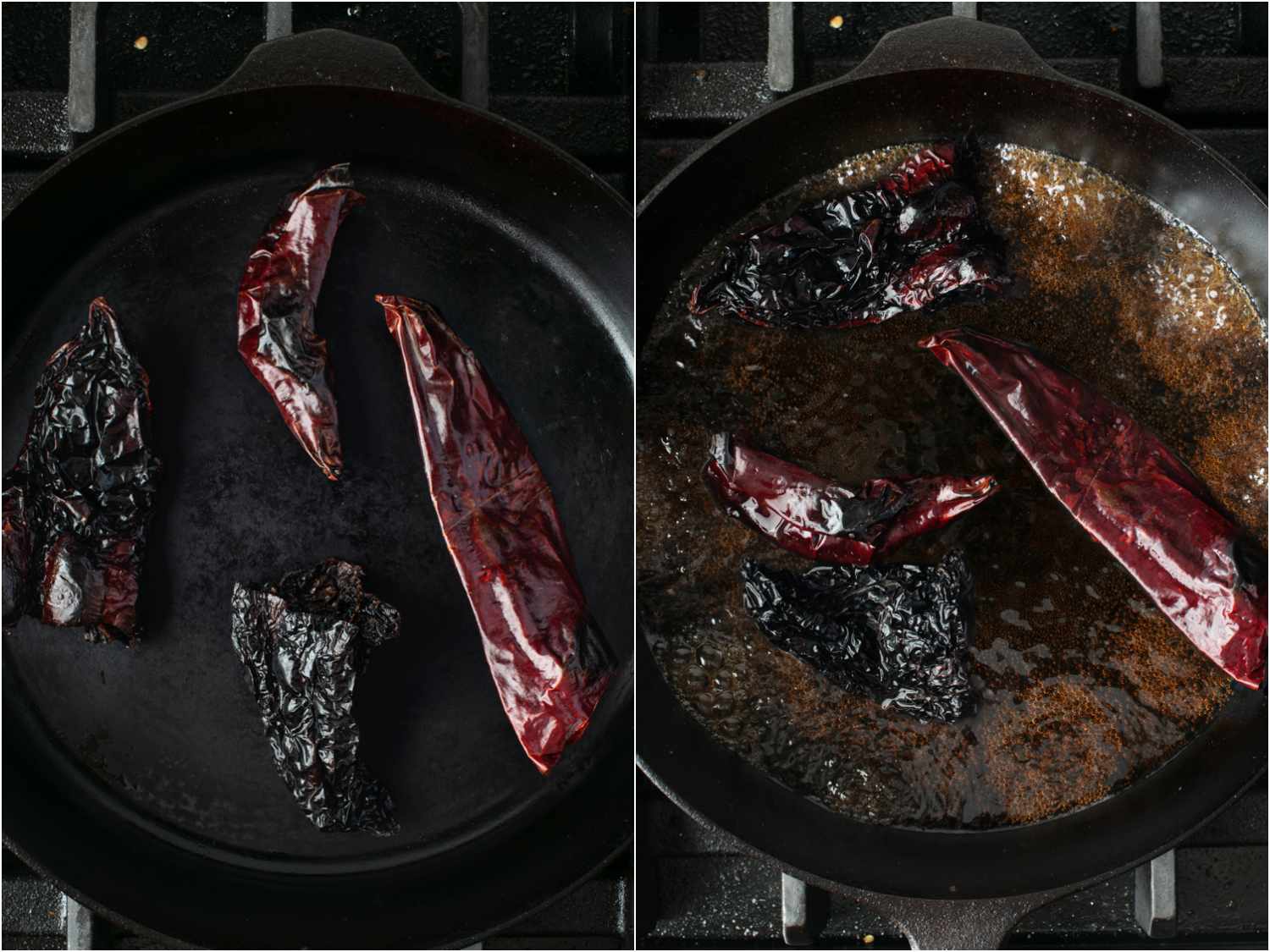 Collage of dried chiles in sauce pan and with boiling broth 