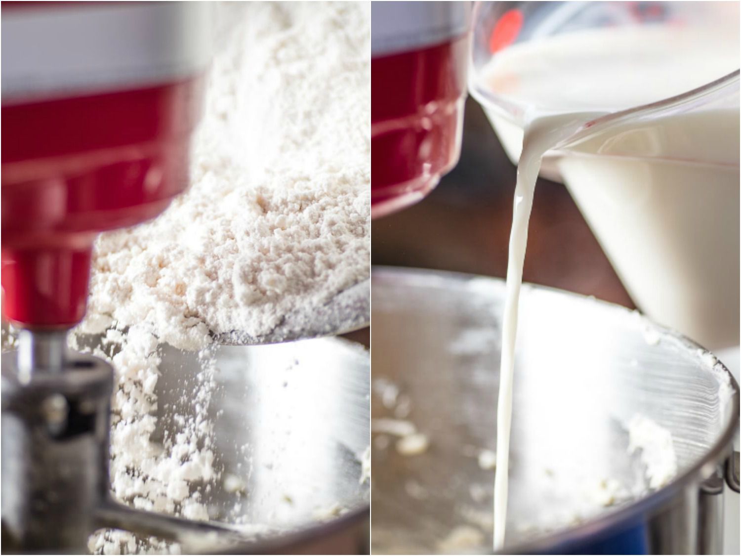 Side by side photos showing adding flour and milk to butter cake batter. 