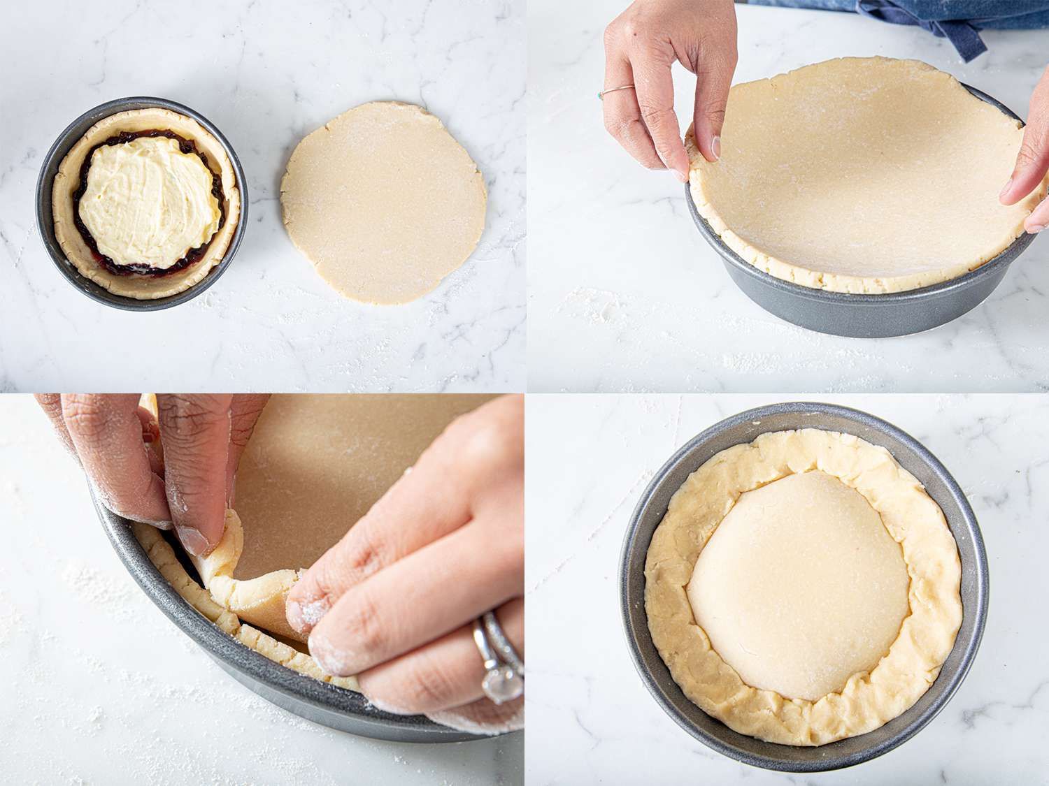 Four image collage of the pastry being covered with dough and pinched into place