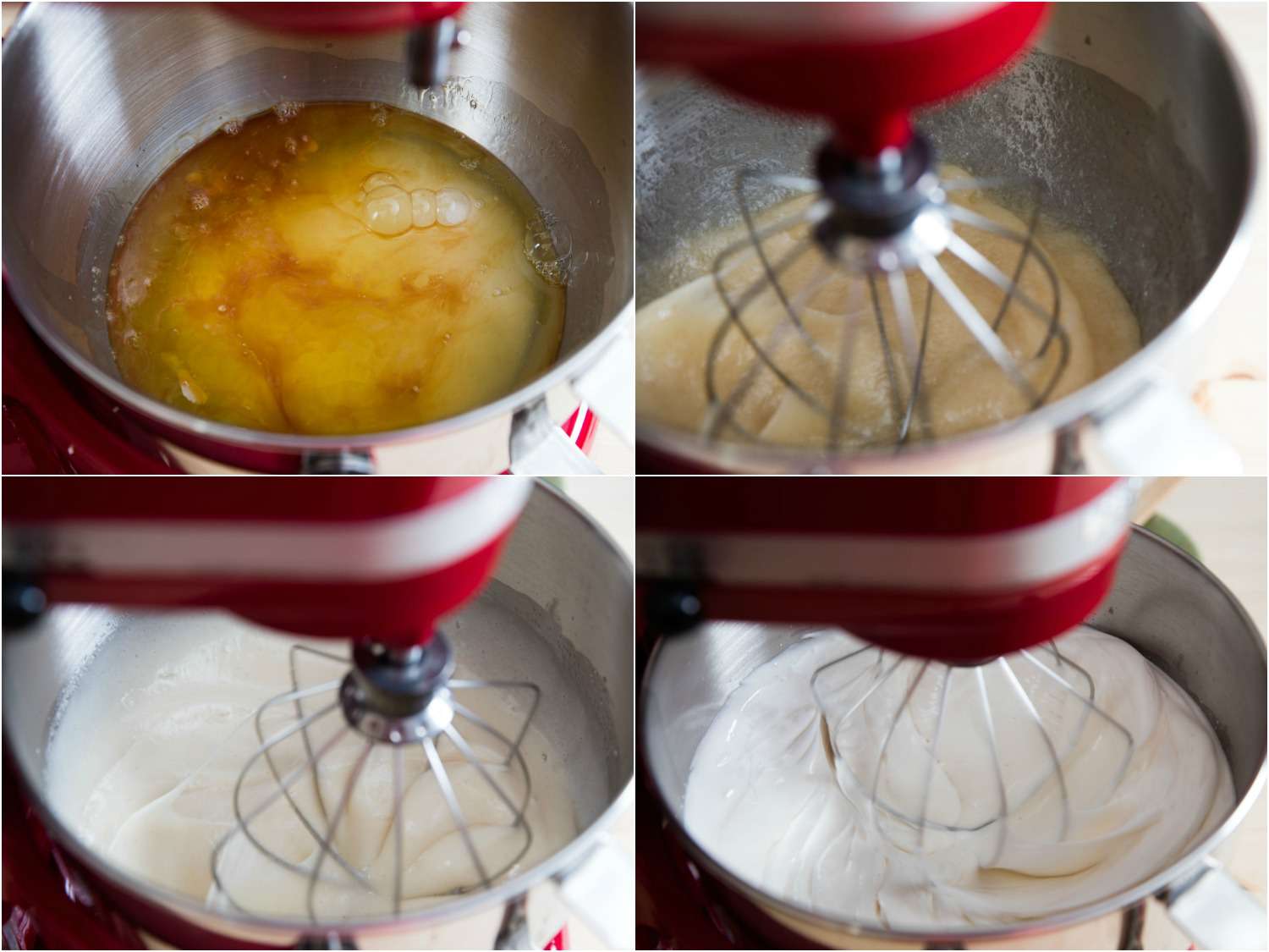 Collage showing stages of whipping meringue starting from cold whites with sugar and flavoring.