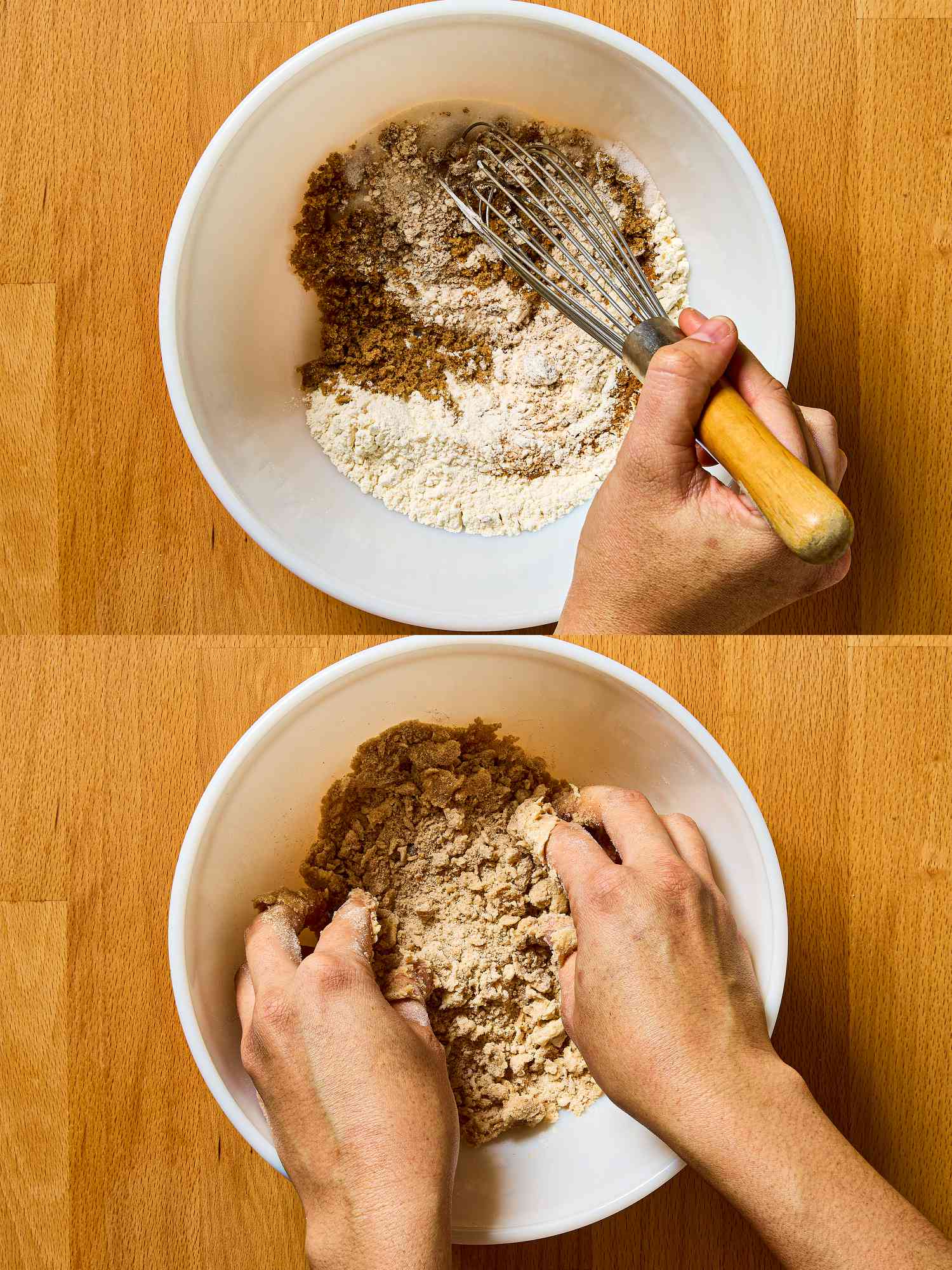 Two image collage of making topping 