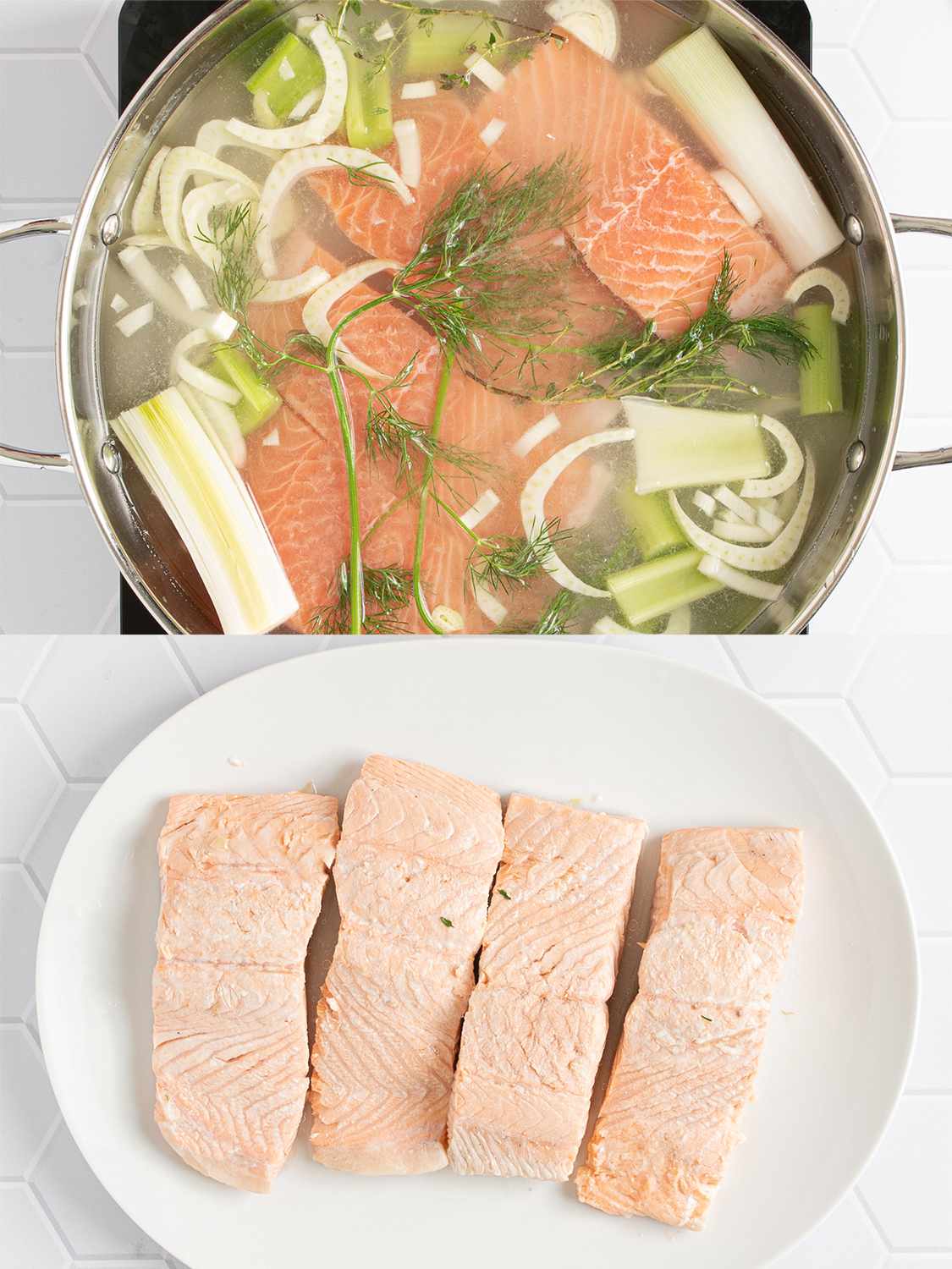 A two-image collage. The top image shows salmon filets added to the liquid inside of the saucepan. The bottom image shows four poached salmon filets placed on an oval white plate.
