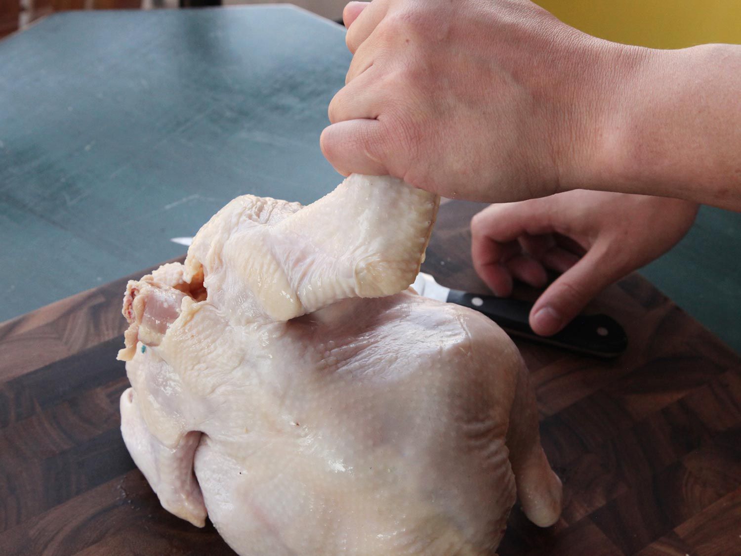 A hand lifting one wing of the entire chicken in preparation of cutting it.
