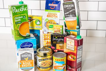 Overhead view of chicken broth 