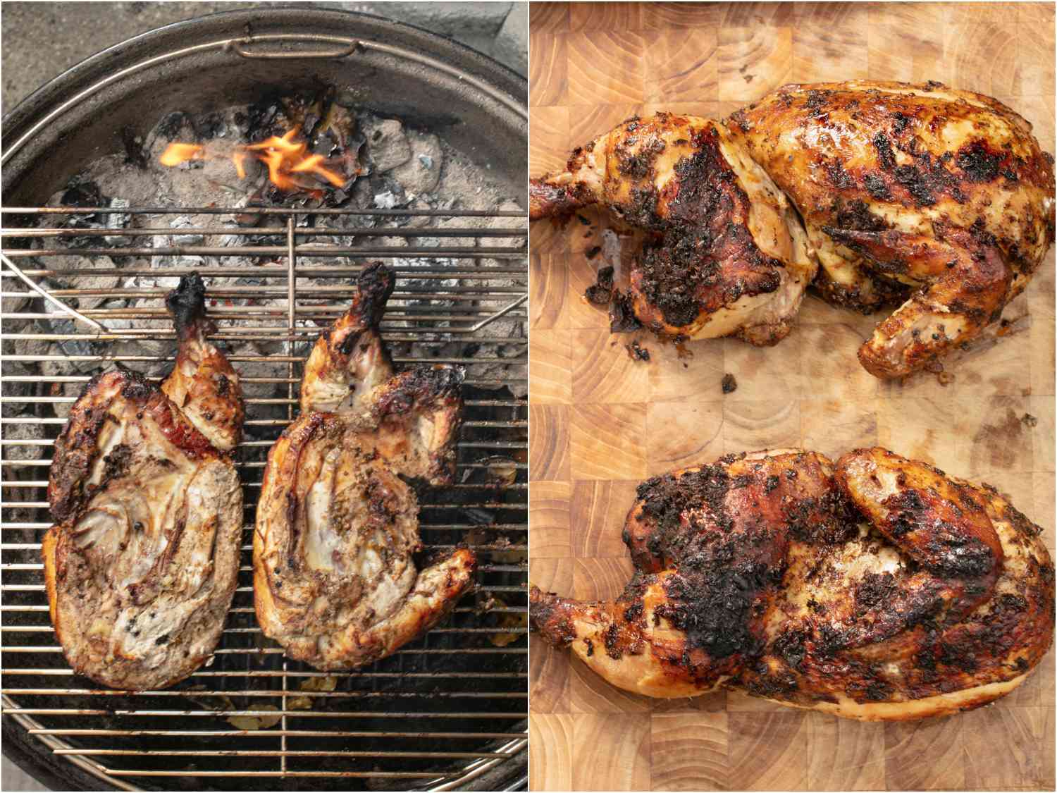 collage: chicken halves flipped and directed over hotter side of grill, bay leaves and allspice berries tossed into the kettle directly on the coals; two grilled chicken halves resting on a cutting board
