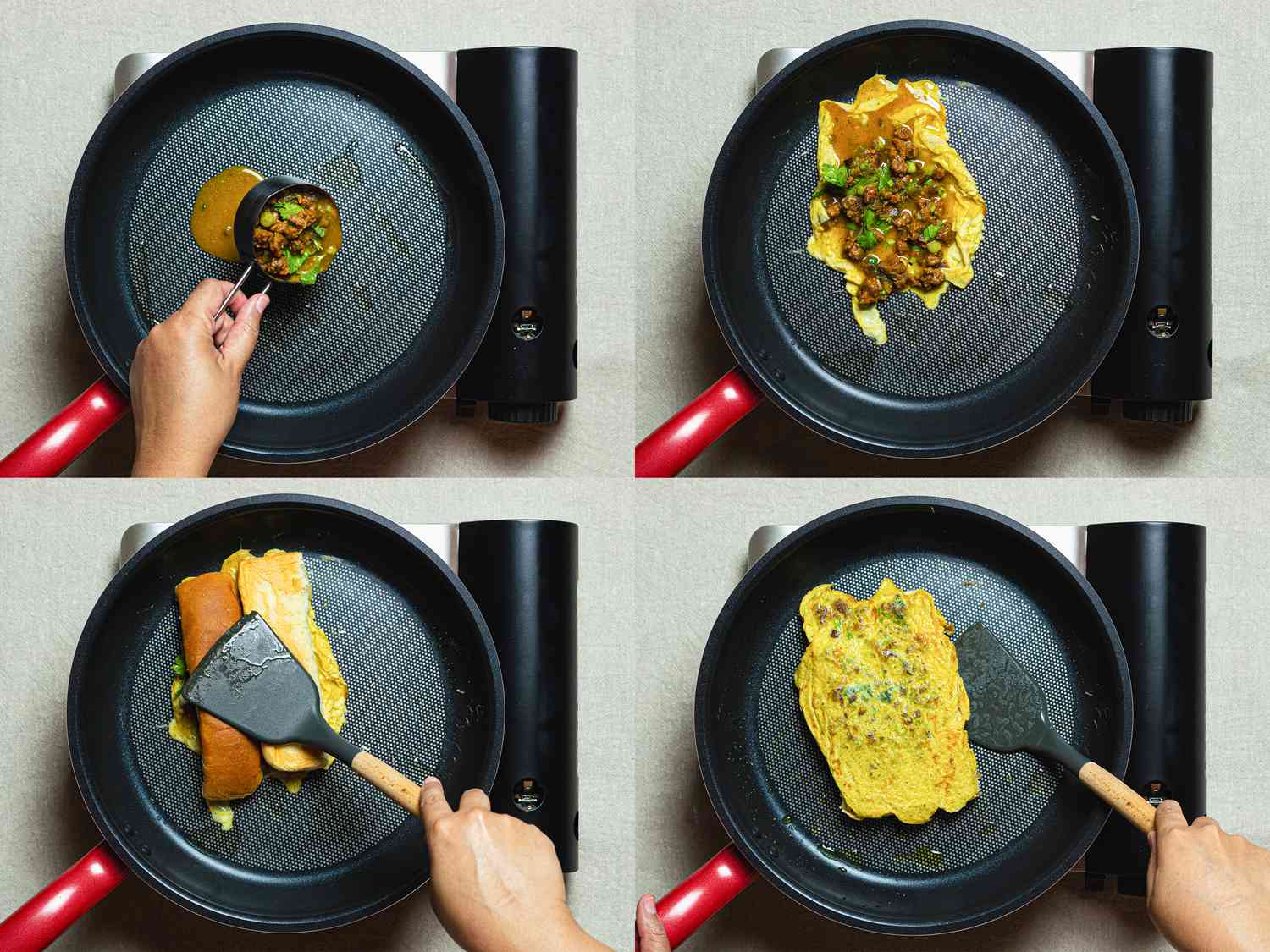 Four image collage of adding egg mixture to pan, egg mixture cooking, placing toasted bun on top and flipping bun with egg over